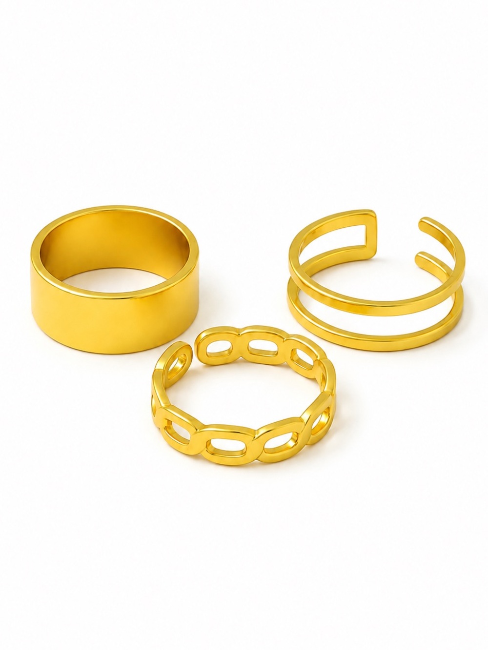 Gold Stackable Ring Set Chain Link Wide Band Open Double Ring